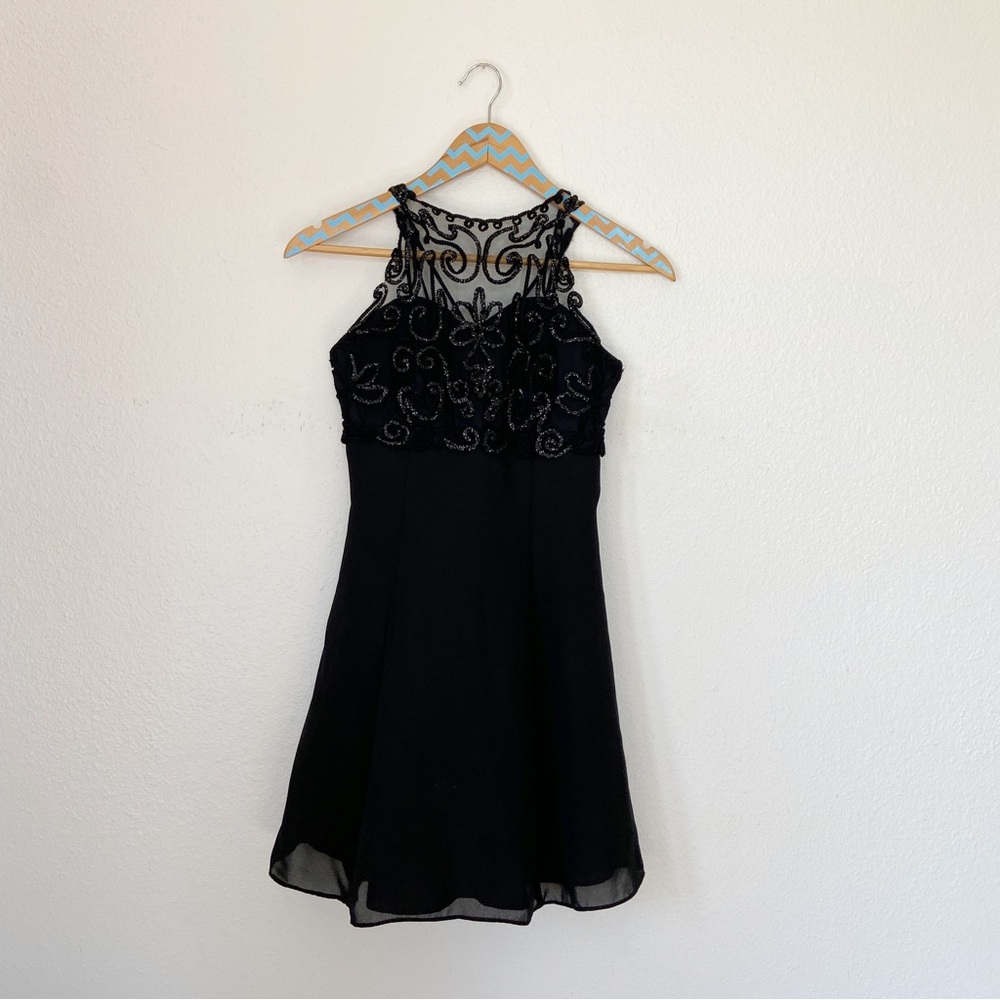 Vintage 90s Black Glitter Embellished Sleeveless Cocktail Dress